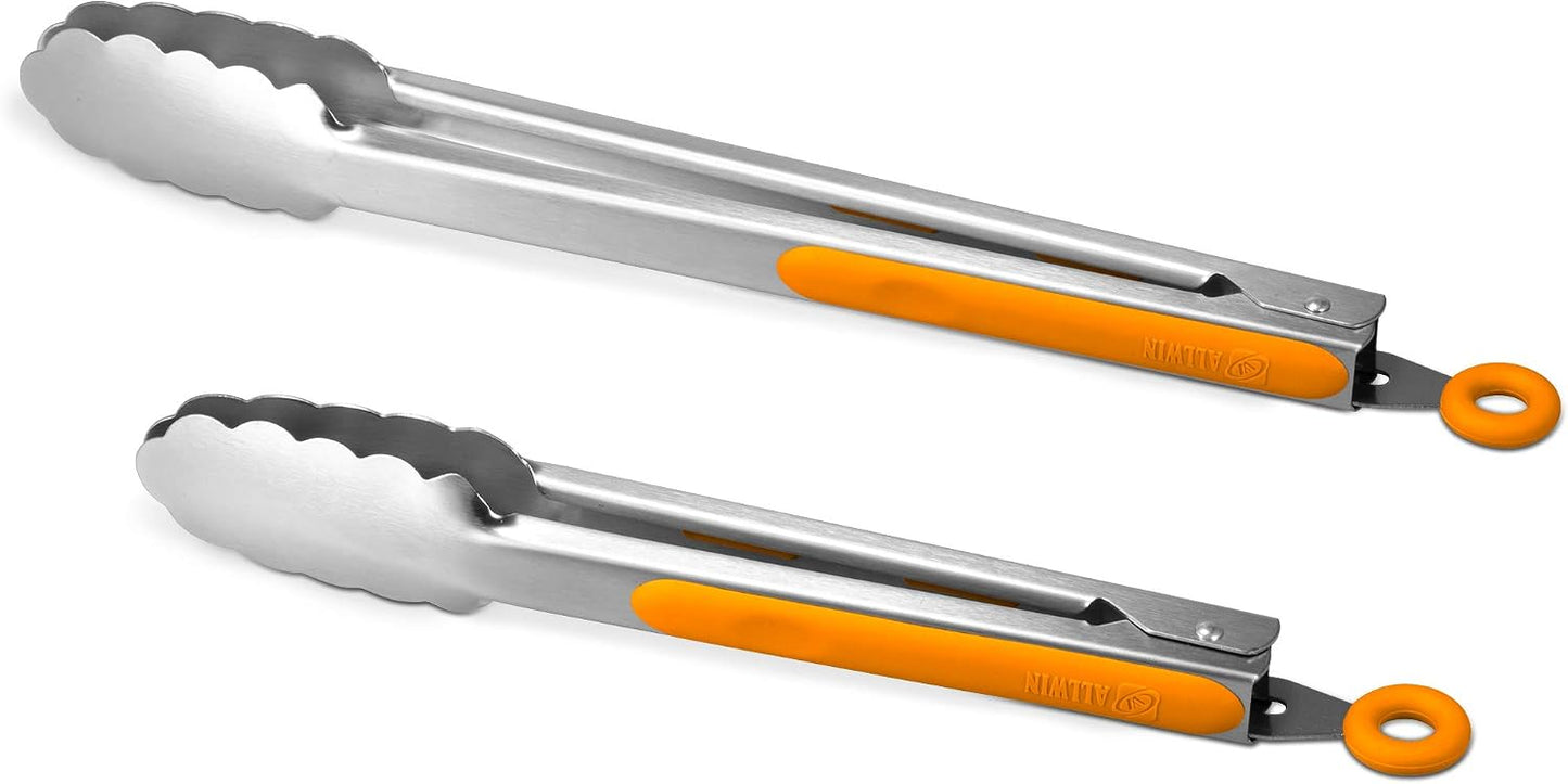 304 Stainless Steel Kitchen Cooking Tongs, 9" and 12" Set of 2 Sturdy Grilling Barbeque Brushed Locking Food Tongs with Ergonomic Grip, Black