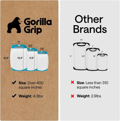 GORILLA GRIP BPA-Free Reversible Kitchen Cutting Board Set of 3, US Designed, Nonporous, Juice Grooves Catch Liquid, Slip Resistant Border, Dishwasher Safe, Durable Large Food Chopping Boards, Black