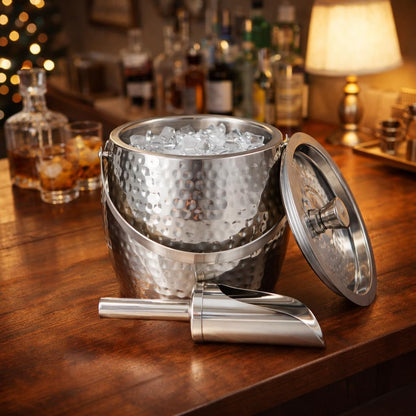 BREKX 3-QT Insulated Ice Buckets for Parties with Lid and Scoop - Iceberg Anchored Wine Chiller Champagne Bucket for Cocktail Bar, Metal Bucket with Lid, Non-Sweat