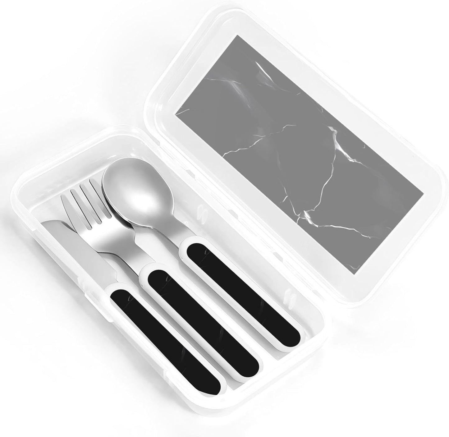 Stainless Steel Kids Silverware Set, Black Marble Utensil Set Reusable Children Safe Knife Spoon Fork Set With Storage Case Dishwasher Safe For Lunch, Travel Outdoors