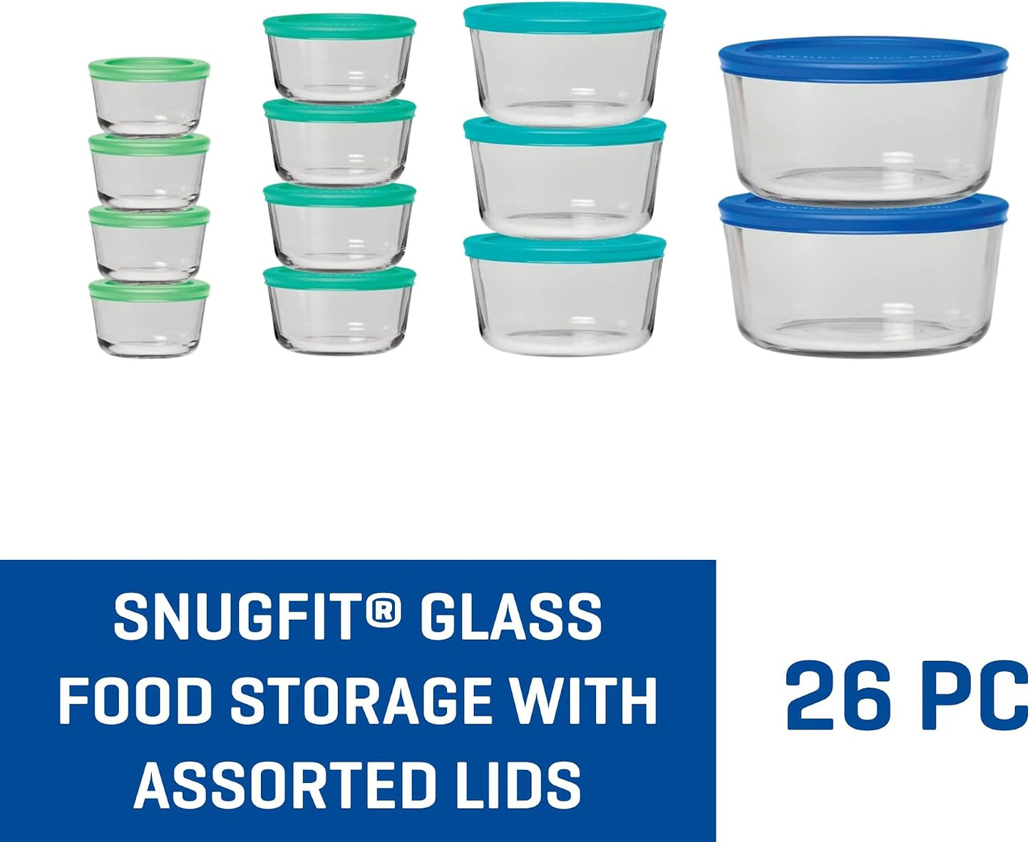 Anchor Hocking 12 Piece Glass Storage Containers with Lids (6 Glass Food Storage Containers & 6 Navy Blue SnugFit Lids)
