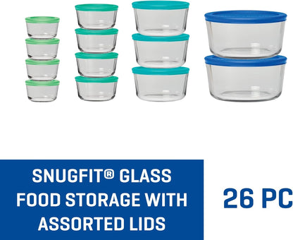 Anchor Hocking 12 Piece Glass Storage Containers with Lids (6 Glass Food Storage Containers & 6 Navy Blue SnugFit Lids)