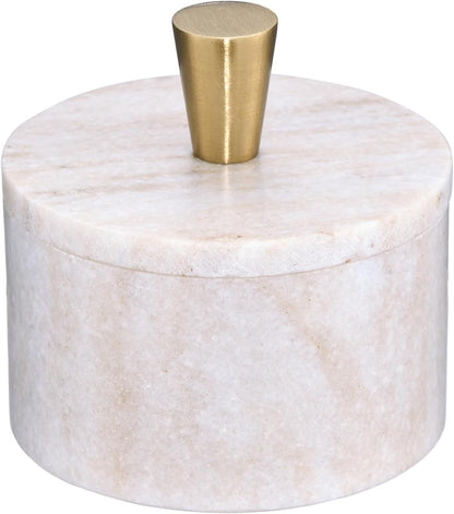 Queenza White Marble Salt Cellar with Lid and Brass Knob, 3 Inch Salt Box