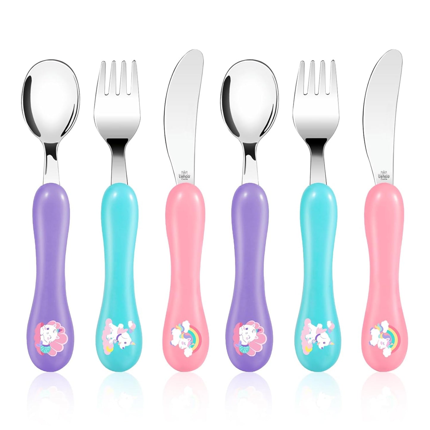 Lehoo Castle 6 Pieces Toddler Utensils, Kids Silverware for 2 3 4 Years Old, Stainless Steel Fork and Spoon Set with Plastic Handle, Safe Toddler Cutlery (Dinosaur)
