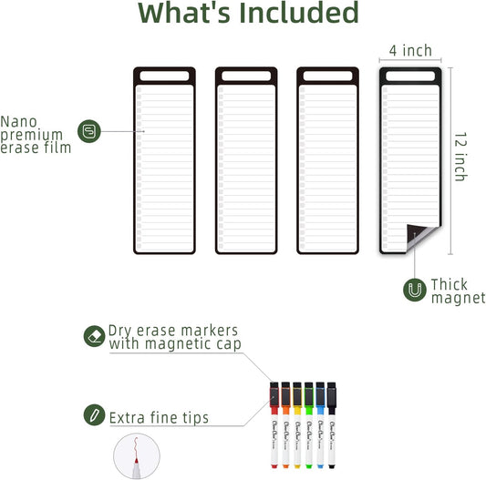 Magnetic Dry Erase List Board - 4"x12" Multifunctional List Board for Fridge - 6 Extra Fine Point Markers Included - Shipped Flat