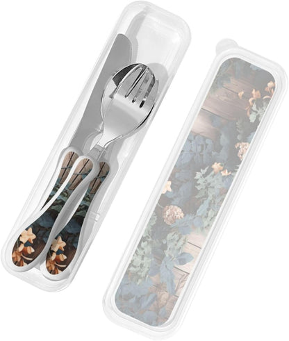 3-Piece Kids Silverware Set With Storage Case, Stainless Steel Reusable Children Safe Knife Spoon Fork Set Leaves Floral On Rustic Wood Children Flatware Set For Kids Lunch Box