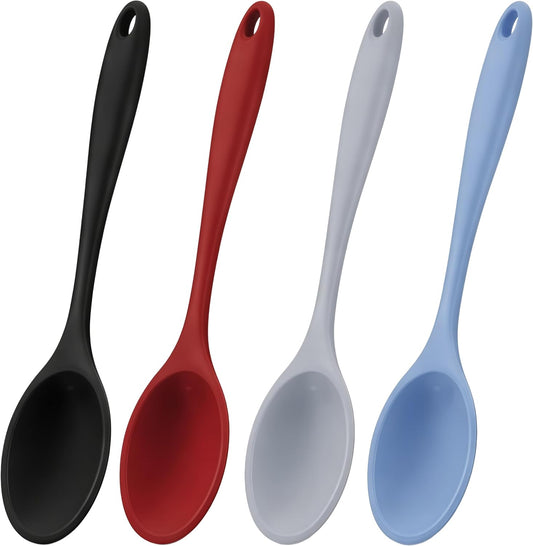 4 Pieces Silicone Cooking Spoons 10.9 Inch Heat Resistant Kitchen Spoons for Mixing, Serving and Stirring Upgrade Large Non Stick Basting Utensils, Dishwasher Safe (Black+Red+Grey+Blue)