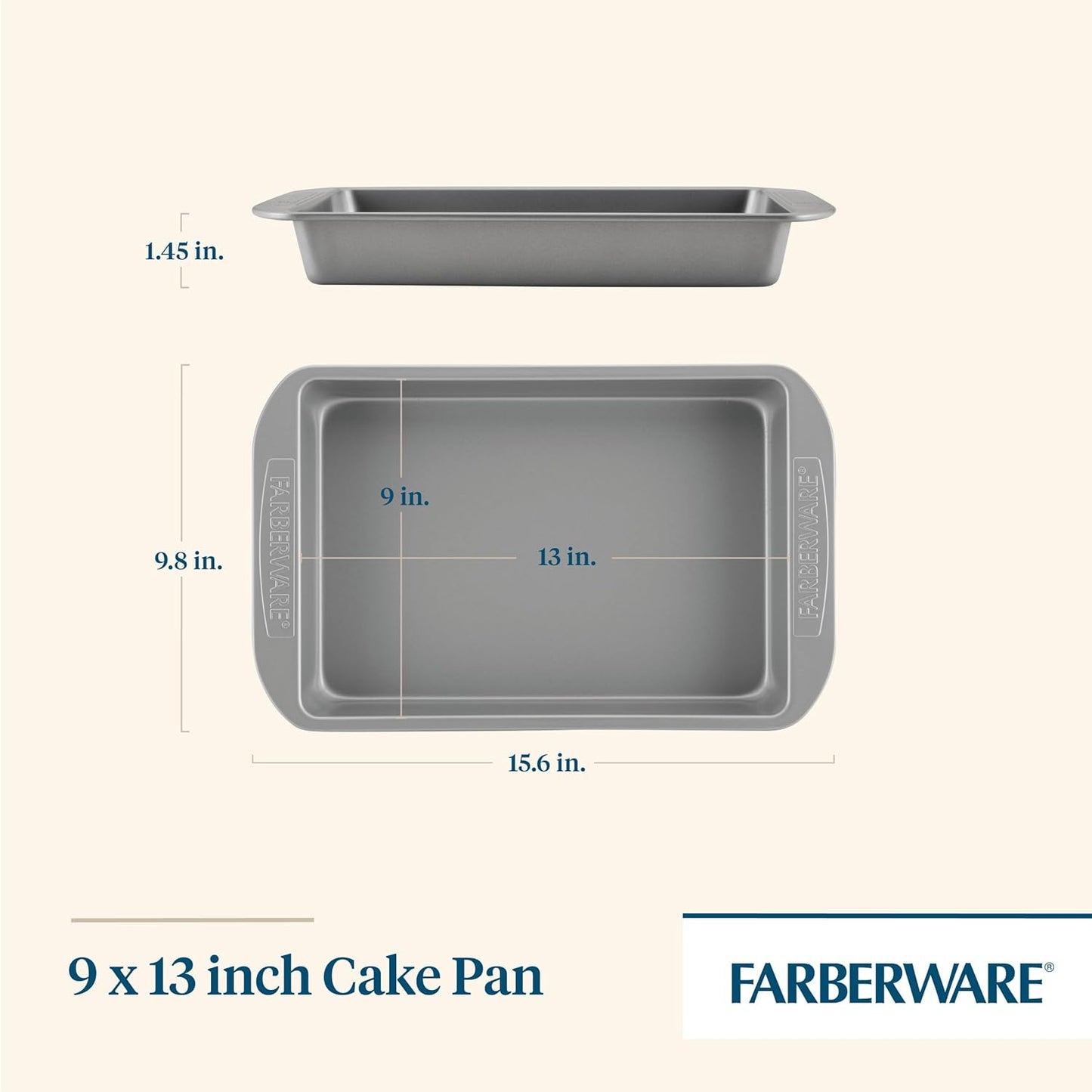 Farberware Nonstick Bakeware Rectangular Cake Pan with Lid, Cake Pans For Baking, 9-Inch x 13-Inch, Gray
