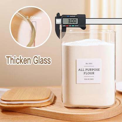 CZZGSM 2 Pack Square Glass Flour and Sugar Containers with 132 Kitchen Pantry Labels - Thicken 149 FL OZ Large Glass Storage Jars with Airtight Bamboo Lid - Big Food Canisters for Rice, Pasta, Cookie