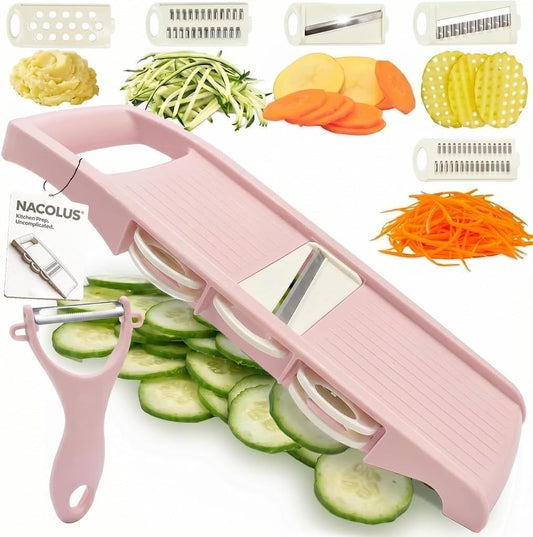 NACOLUS Mandoline Slicer for Kitchen Slicer Vegetable Cutter 5 In 1 Veggie Slicer Potato Slicer waffle fry cutter Hot Swap Mandolin with Peeler for Vegetables Carrot Shredder Cucumber Slicer - Pink