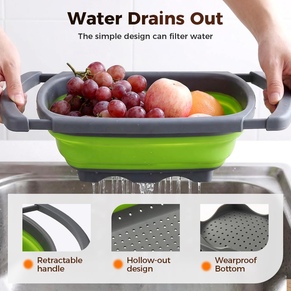 6 Quart Collapsible Colander Strainer, XL Large Over The Sink Vegetable Pasta Strainer, Collapsible Colander Strainer for Fruit Berries, Colanders with Handles up to 61cm for Kitchen (Green)