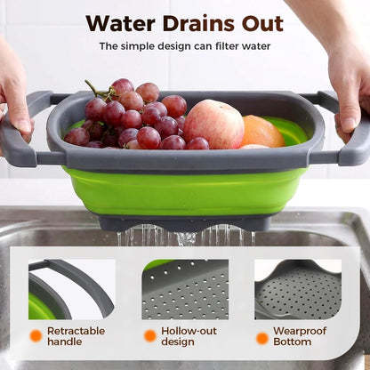6 Quart Collapsible Colander Strainer, XL Large Over The Sink Vegetable Pasta Strainer, Collapsible Colander Strainer for Fruit Berries, Colanders with Handles up to 61cm for Kitchen (Green)