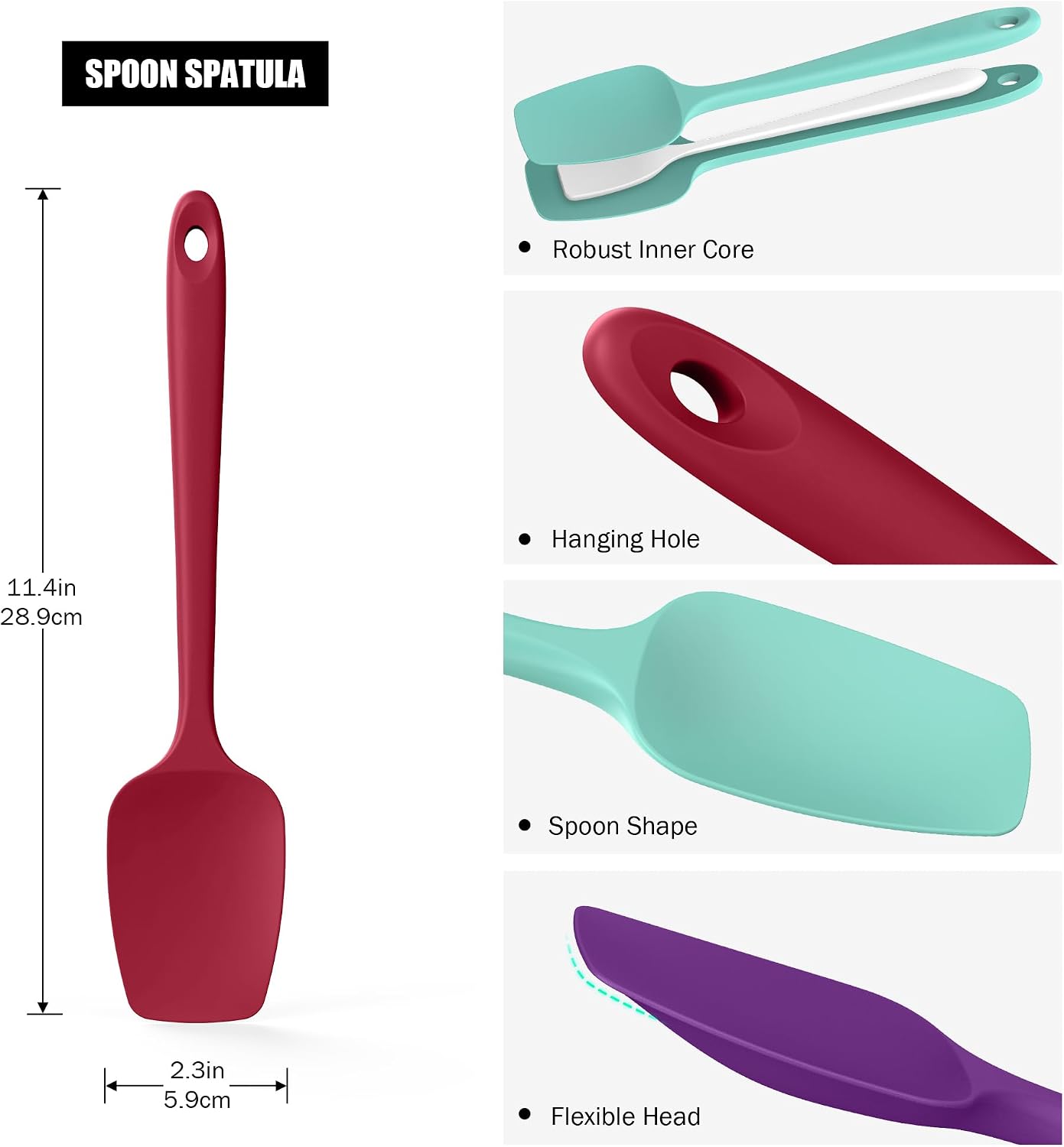 Heat Resistant Silicone Spoon Spatulas, Doosu 600°F High Temp Flexible Cooking Spoons Kitchen Spoonula Scratch-Proof for Mixing Stirring Scraping Serving Non-Stick Cookware (Set of 3, Multi-4)