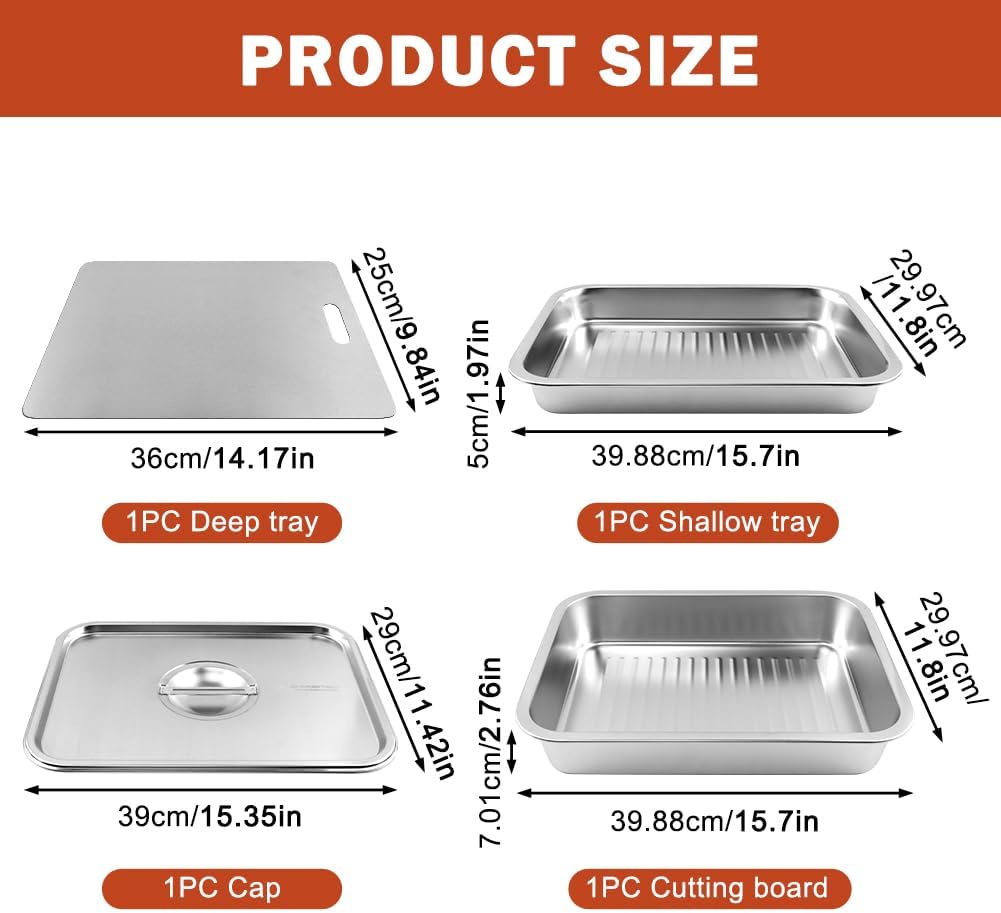 Grilling Prep and Serve Tays Set of 4, Stainless Steel Large Food Prep Tray, Grill Carry System, Marinade Container with Lid and Cutting Board, BBQ Grill Accessories (Color:Sliver)