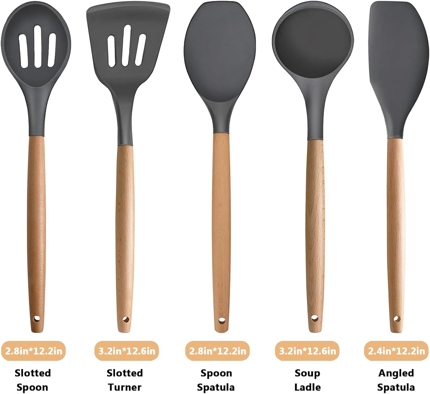 Kitchen Cooking Utensils Set, 6Pcs Silicone Kitchen Utensils Set Spatula Spoon Soup Ladle Turner, Heat Resistant Wooden Handle Silicone Cooking Gadgets for Nonstick Cookware & Baking BPA FREE