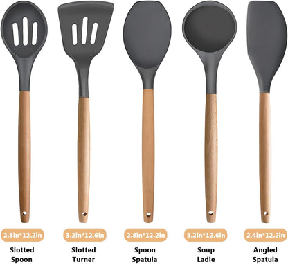 Kitchen Cooking Utensils Set, 6Pcs Silicone Kitchen Utensils Set Spatula Spoon Soup Ladle Turner, Heat Resistant Wooden Handle Silicone Cooking Gadgets for Nonstick Cookware & Baking BPA FREE