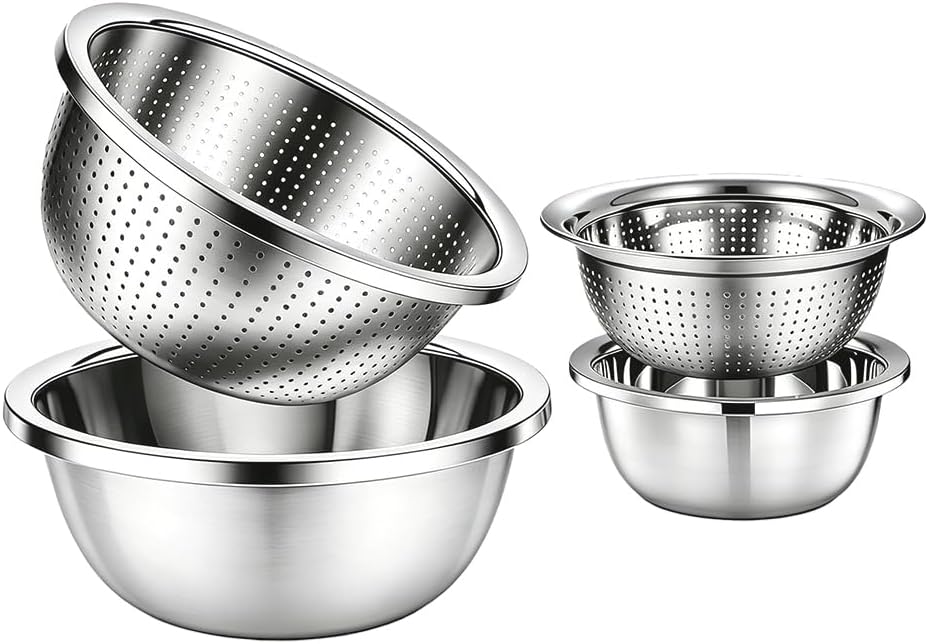 4-Piece Stainless Steel Mixing Bowls and Microporous Colanders Set, 3QT & 5QT Nesting Bowls with Fine Drain Strainers for Washing Rice, Fruits, Vegetables, Pasta, and More