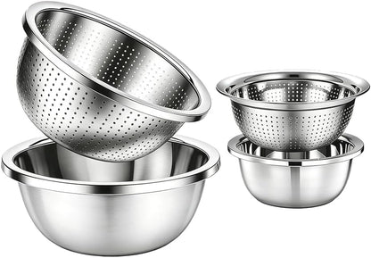 4-Piece Stainless Steel Mixing Bowls and Microporous Colanders Set, 3QT & 5QT Nesting Bowls with Fine Drain Strainers for Washing Rice, Fruits, Vegetables, Pasta, and More