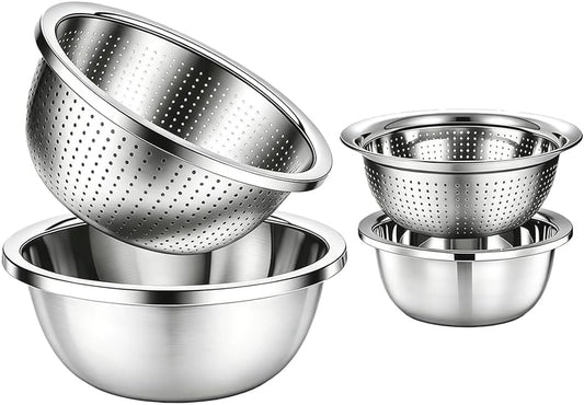 4-Piece Stainless Steel Mixing Bowls and Microporous Colanders Set, 3QT & 5QT Nesting Bowls with Fine Drain Strainers for Washing Rice, Fruits, Vegetables, Pasta, and More