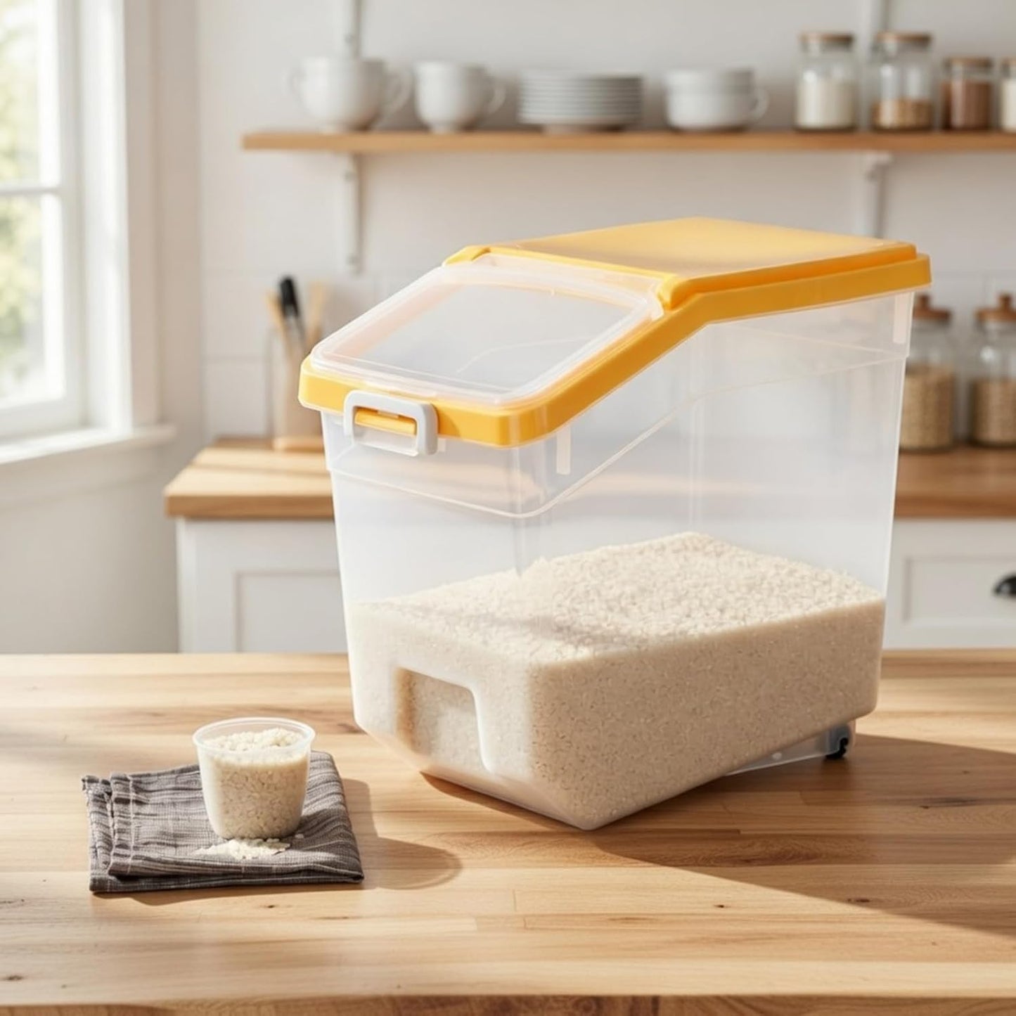 Sunnyray 4 Pcs Rice Storage Container 22 lb Airtight Flour Container with Wheels Measuring Cup Clear Pet Food Cube Dog Cat Birds Food Bin Grain Cereal Organizer Box for Dry Baking Supplies(White Lid)