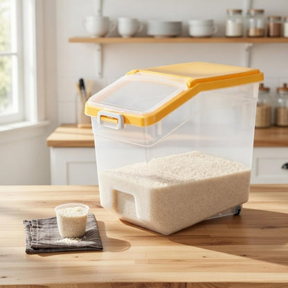 Sunnyray 4 Pcs Rice Storage Container 22 lb Airtight Flour Container with Wheels Measuring Cup Clear Pet Food Cube Dog Cat Birds Food Bin Grain Cereal Organizer Box for Dry Baking Supplies(White Lid)