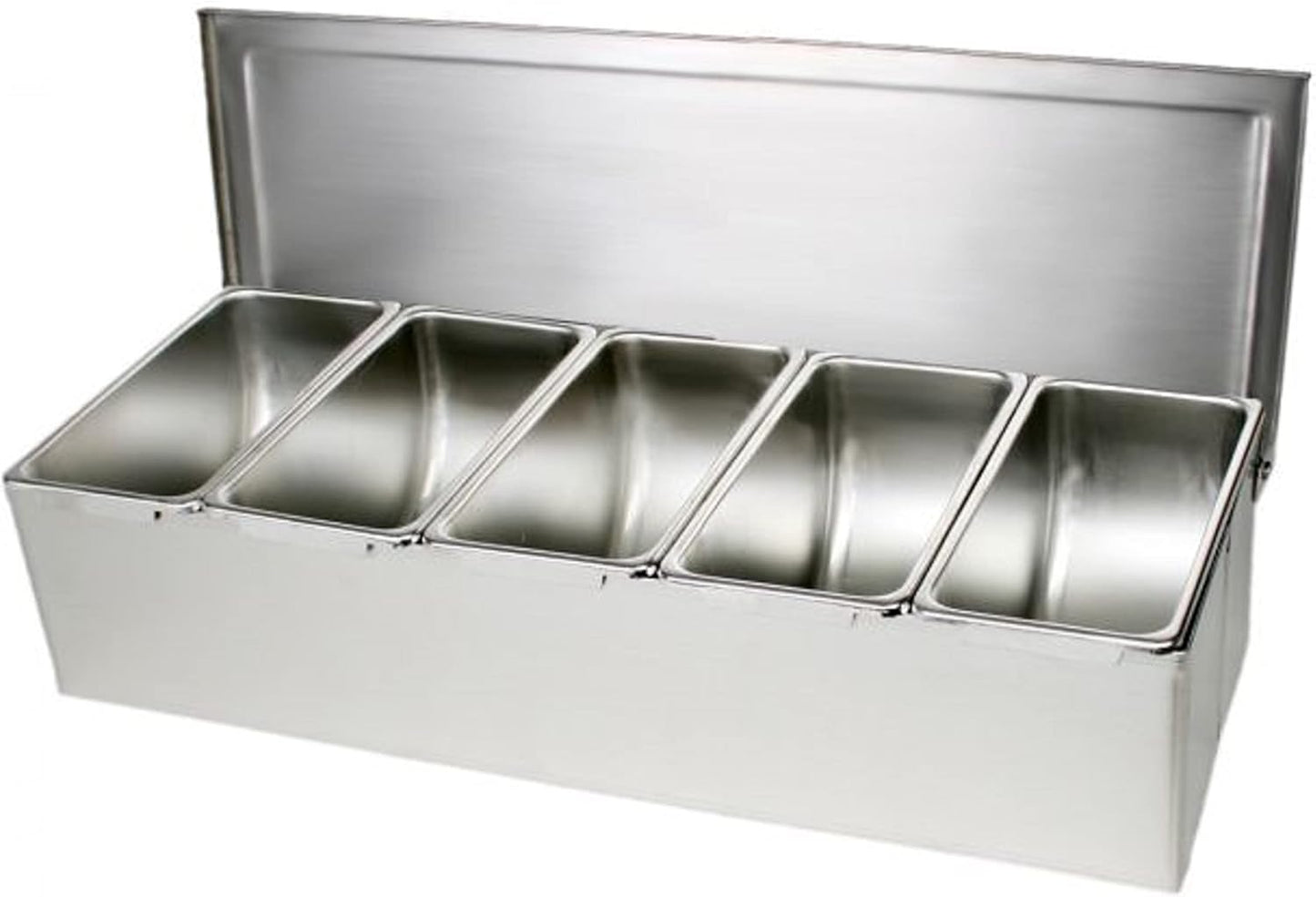 TrueCraftware- 5 Compartment Stainless Steel Condiment Bar (Open Bottom)- Condiment Dispenser Serving Container Garnish Tray Bar Caddy Condiment Server Caddy Garnish Holder for Home Work Restaurant