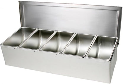 TrueCraftware- 5 Compartment Stainless Steel Condiment Bar (Open Bottom)- Condiment Dispenser Serving Container Garnish Tray Bar Caddy Condiment Server Caddy Garnish Holder for Home Work Restaurant