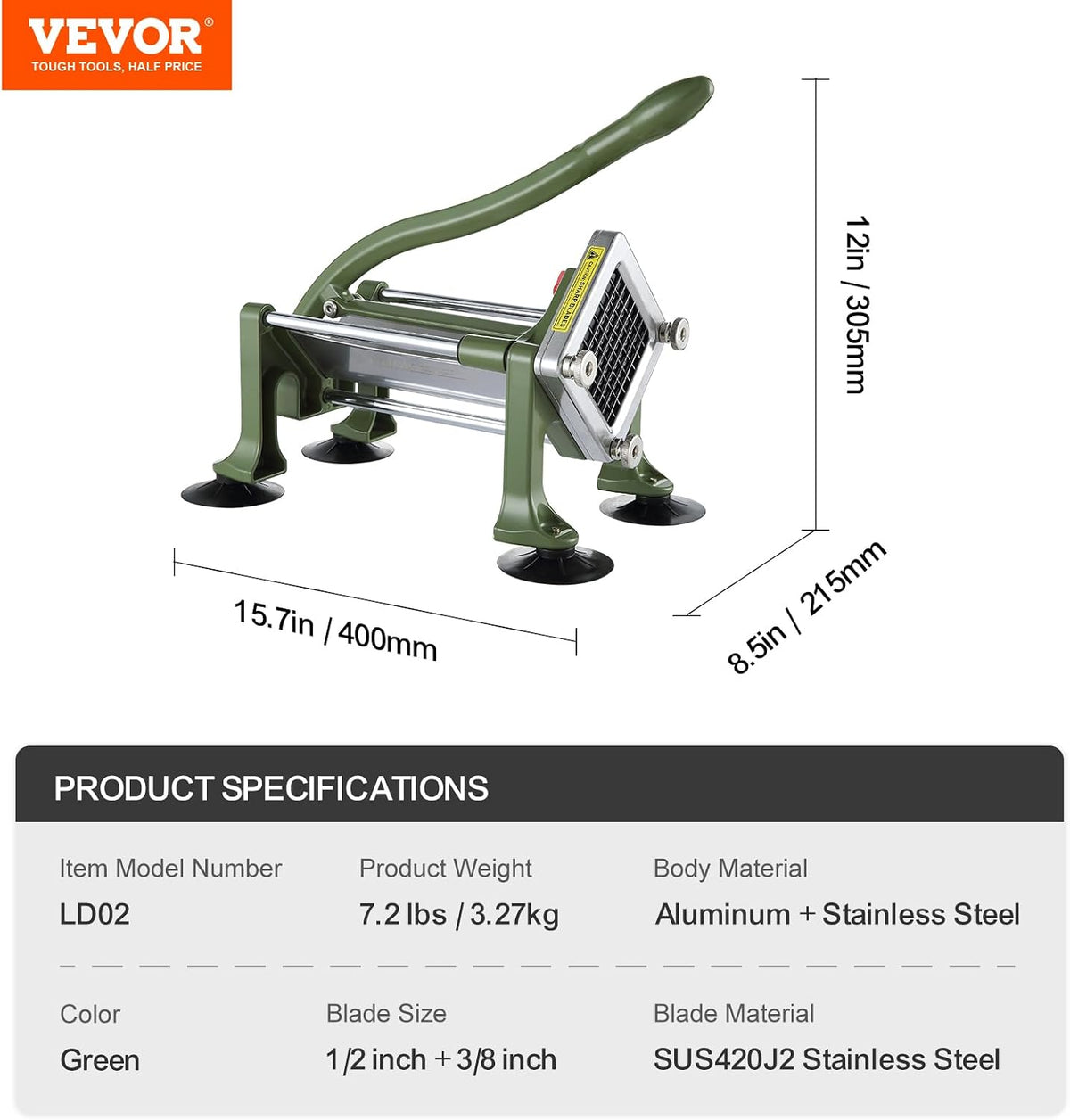 VEVOR French Fry Cutter, Potato Slicer with 1/2-Inch and 3/8-Inch Stainless Steel Blades, Manual Potato Cutter Chopper with Suction Cups, Great for Potato, French Fries, Cucumber, Vegetables, Carrot