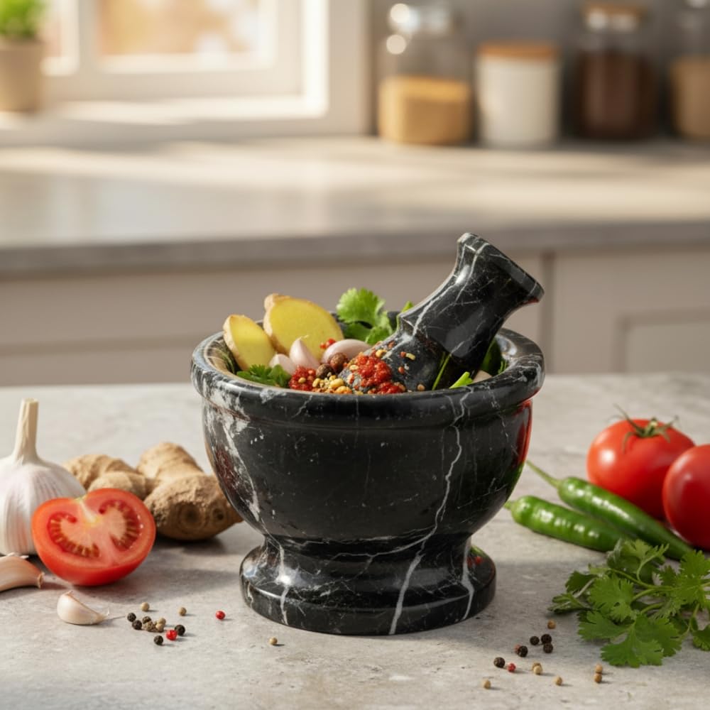 Mortar and Pestle Set – Large Stone Grinder with Polished Bowl & Non-Slip Base | Elegant Onyx Marble Kitchen Tool for Spices, Herbs & Guacamole