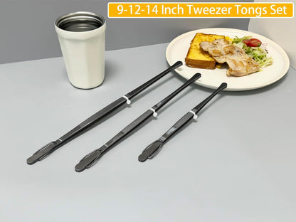 JETKONG 3 Pcs Extra Long Kitchen Tweezers 9 12 14 Inch Heavy Duty Stainless Steel Cooking Tweezers (Round Tips, Silver)