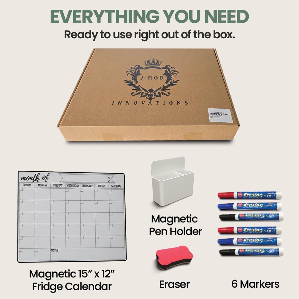 Magnetic Fridge Calendar 15” x 12” – Dry Erase Fridge Calendar with Full-Back Magnet, Monthly Refrigerator Planner Board with Magnetic Pen Holder, 6 Markers & Eraser, Reusable Kitchen Organizer