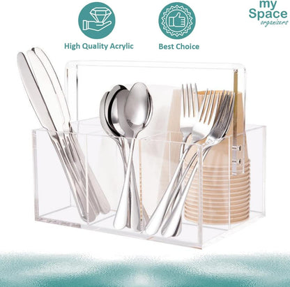 My Space Organizers Utensil Holder Organizer Silverware Caddy For Napkins Flatware Cutlery Spoon Fork Knife Plastic Acrylic Portable with Handle
