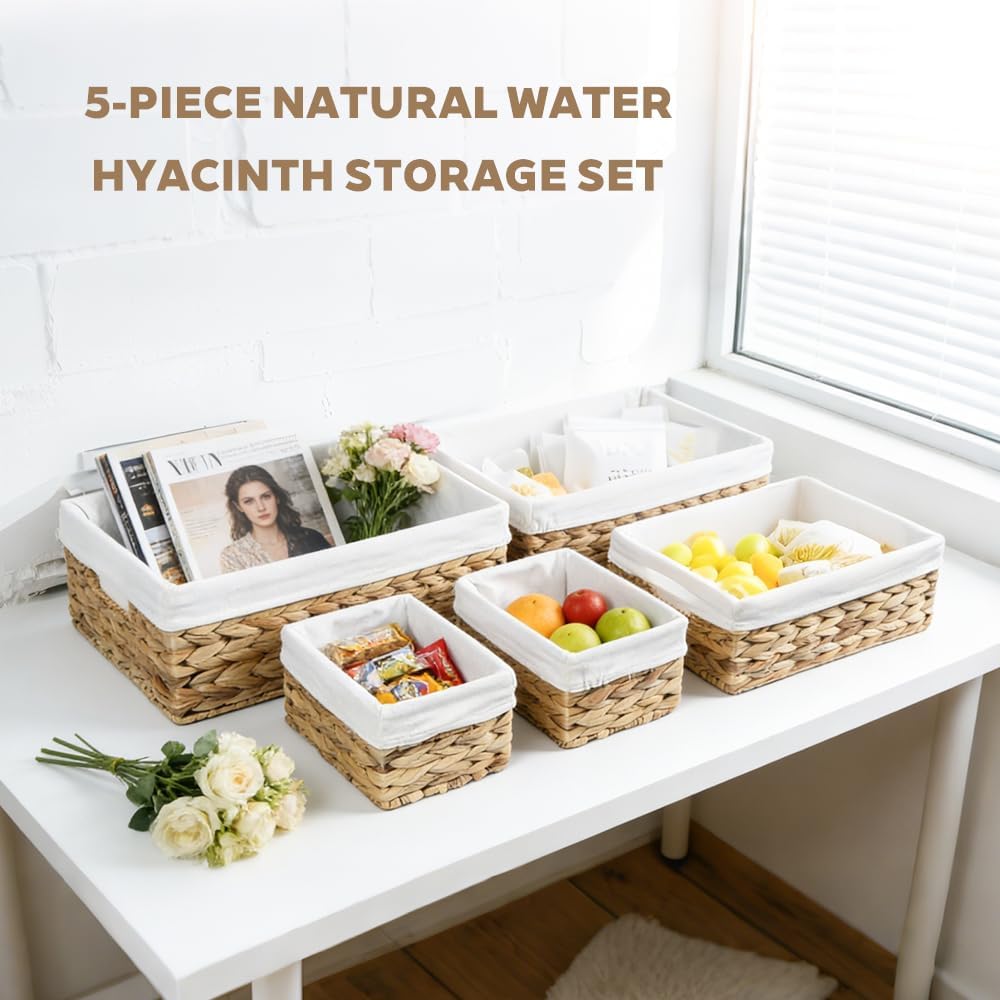 Water Hyacinth Shelf Baskets 4-Pack, Handwoven Wicker Bins with Removable Linen Liners – Divided Upper Compartment & Open Handles, Stackable for Pantry Bathroom Closet