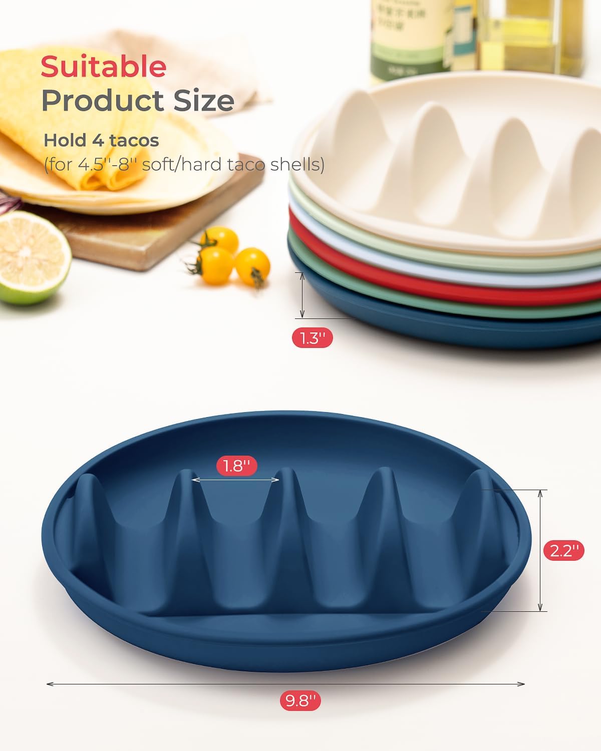 3Pack Silicone Taco Plates with Metal Reinforced Frame, AODISTUCE Silicone Taco Holders with 4 Dividers, Reusable Taco Shell Holder Taco Tray Taco Bar Serving Set for Party Taco Night, Dishwasher-Safe