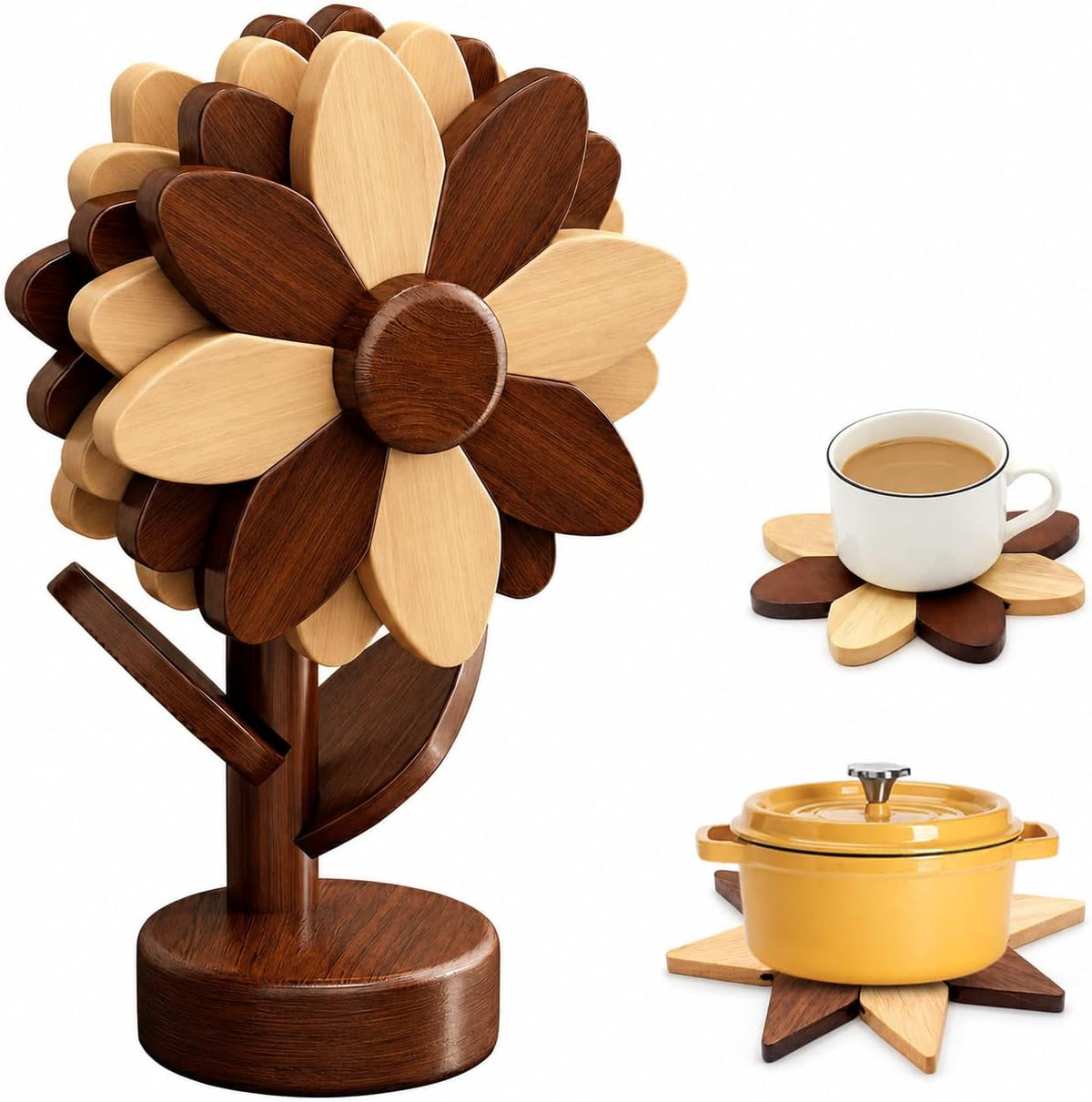 Sunflower Trivets for Hot Dishes, 5Pc Wooden Tree Trivet Stand Set