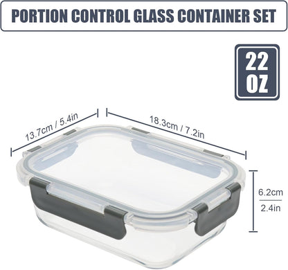 6Pack 22oz Glass Meal Prep Containers, Glass Food Storage Containers Sets with Snap Leak Proof Lids for Microwave, Oven, Freezer and Dishwasher Safe (Grey, 22oz)