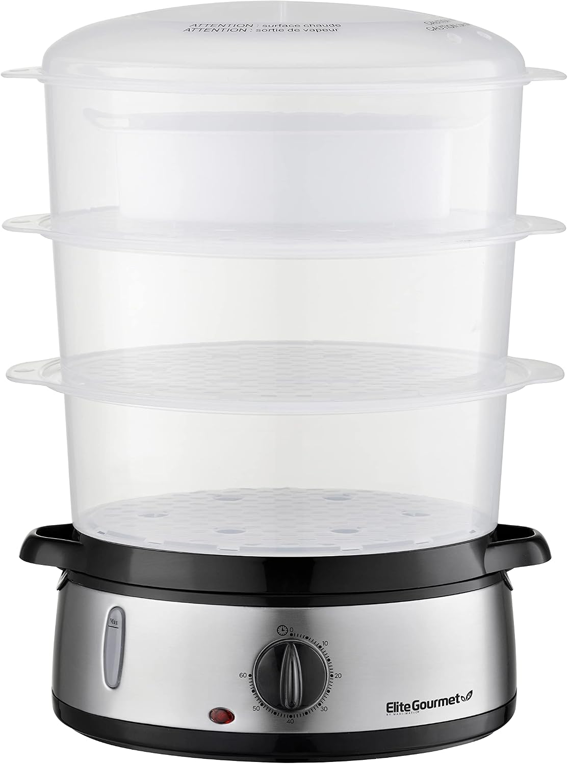 Elite Gourmet Electric Food Steamer, 3-Tier BPA-Free, 9 Qt, Stainless Steel