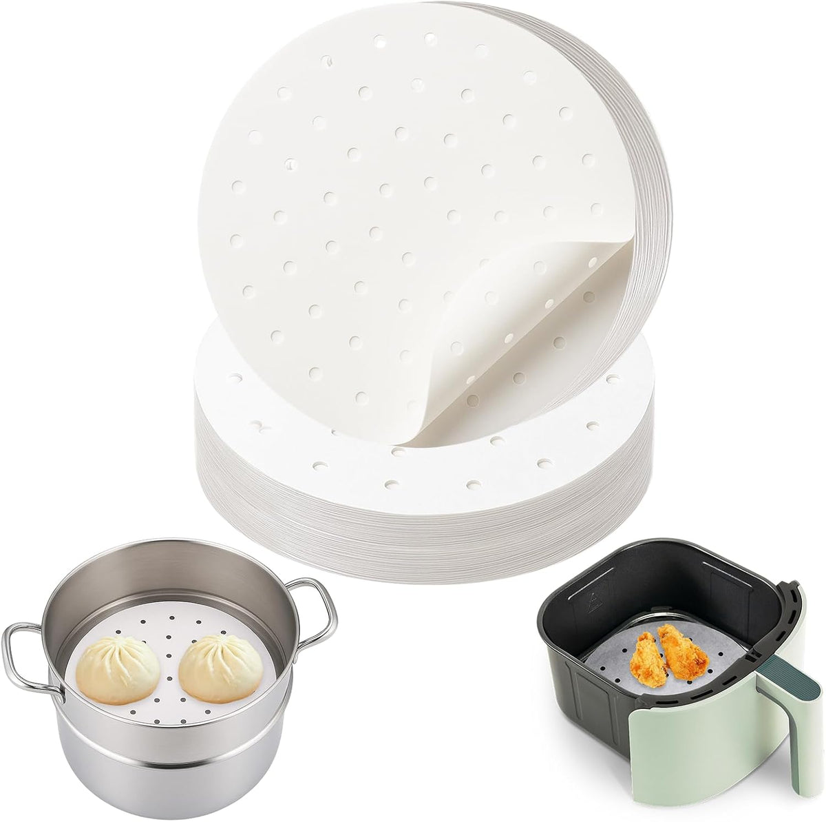 Non-Stick Bamboo Steamer Paper, 10" Round Liners with Holes for Steamer Basket, Air Fryer, Bamboo Steamers, and Oven Use