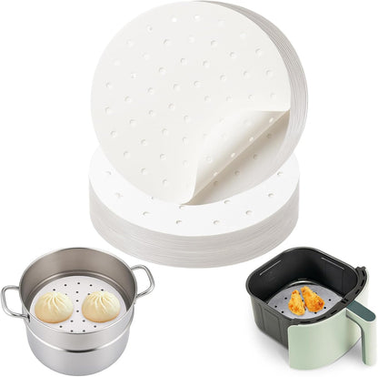Non-Stick Bamboo Steamer Paper, 10" Round Liners with Holes for Steamer Basket, Air Fryer, Bamboo Steamers, and Oven Use