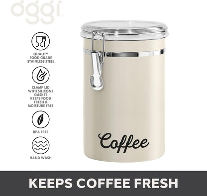 Oggi Stainless Steel Sugar Canister 62 fl oz - Airtight Clamp Lid, Clear See-Thru Top - Ideal Sugar Container for Countertop, Sugar Jar, Bulk Sugar Storage. Large Size 5" x 7.5".