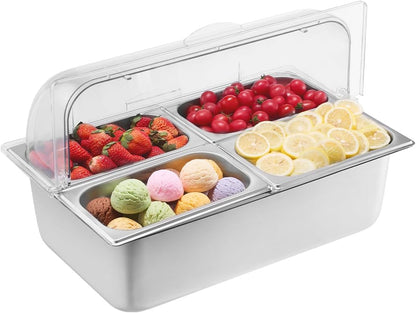 VEVOR Chilled Condiment Server Caddy, 5 Compartment Ice Cooled Serving Container, Plastic Fruit Garnish Tray Platter with Lid, for Taco Salad Bar Accessories, Party Home Restaurant Supplies