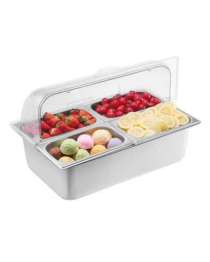 VEVOR Chilled Condiment Server, 4 Compartment Ice Cooled Condiment Serving Container, Chilled Garnish Tray Bar Caddy with Lid, for Bartending & Serving Taco, Salad, Fruit, Home & Restaurant Supplies
