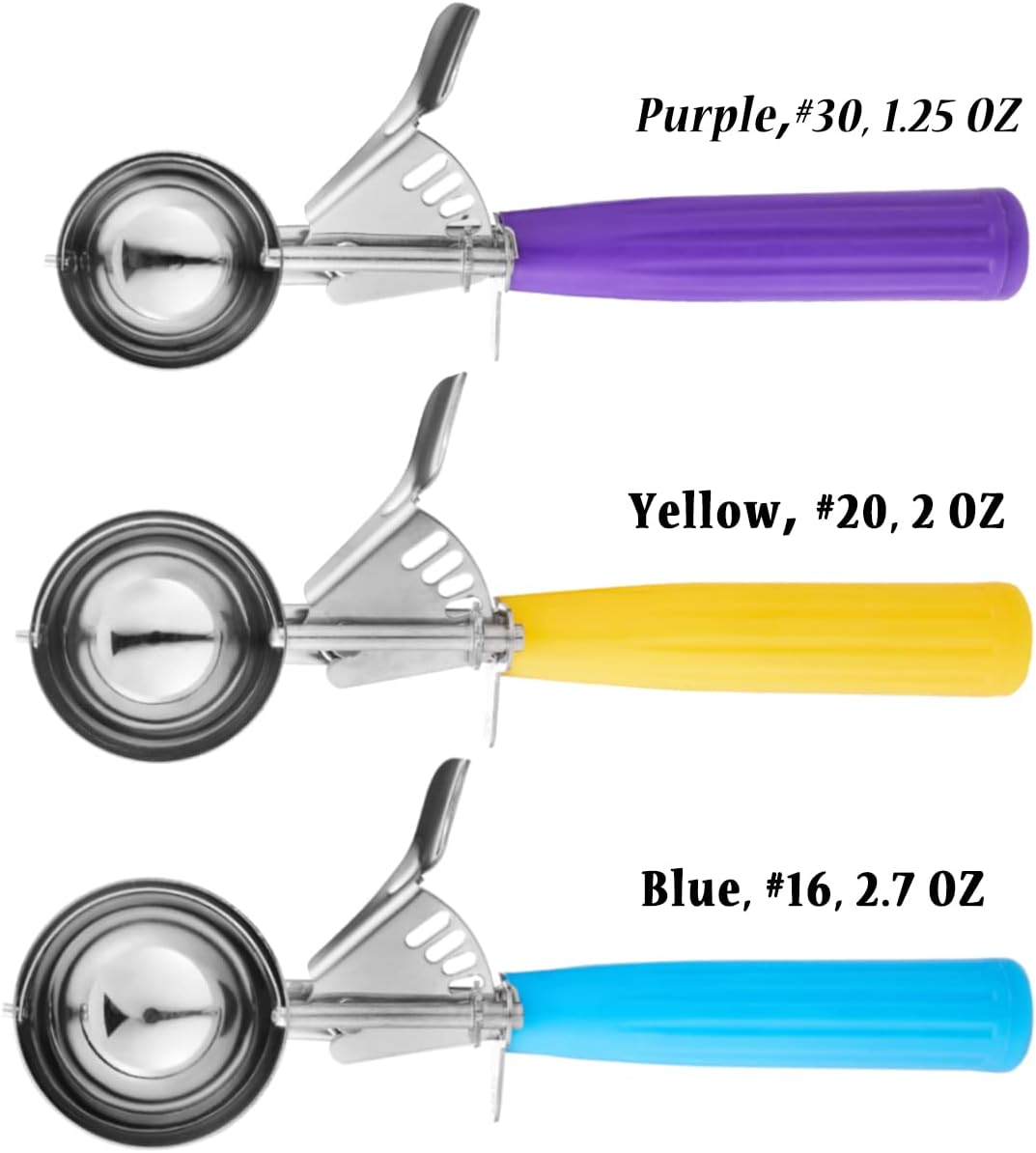 HOMURE H Ice Cream Scoop Set, 3 PCS Cookie Scoops, Disher, Muffin Scoops, Cupcake Scoop - #16 (2.7 oz), #20 (2 oz), #30 (1.25 oz), For Cookie, Ice Cream, Muffin, Side Dish, Mashed Potatoes