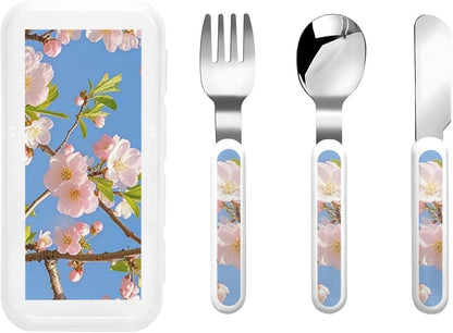 Stainless Steel Kids Silverware Set, Japanese Floral Cherry Blossom Utensil Set Reusable Children Safe Knife Spoon Fork Set With Storage Case Dishwasher Safe For Lunch, Travel Outdoors