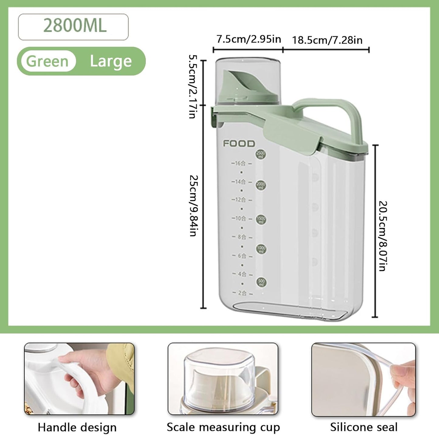 Cereal Containers Dispenser Rice Storage Container Clear Food Storage Containers Measuring Cup Pour Spout With Lids Airtight For Kitchen Grain Dry Food Pet Dog Food Organization（Green 2L）