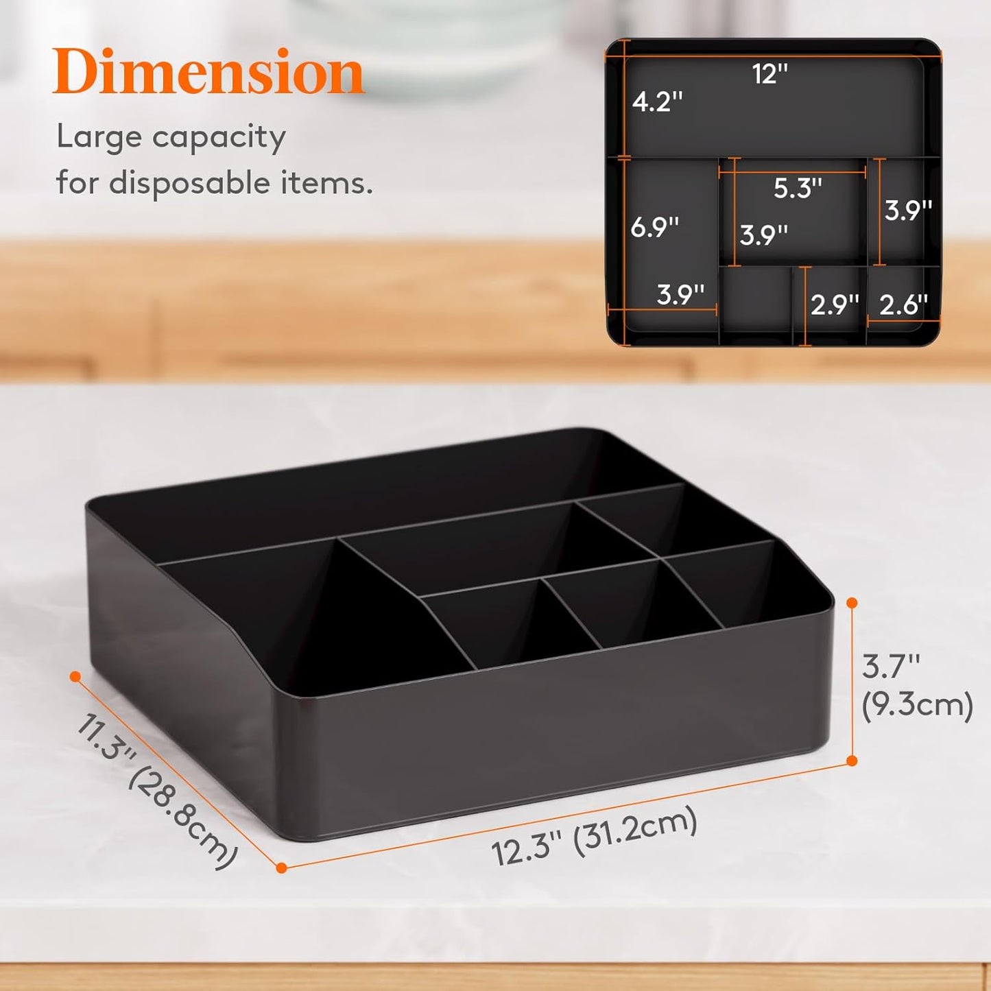 Lifewit Paper Plate Organizer for Kitchen Countertop, Plastic Silverware Caddy for Party, Utensil Holder with 7 Compartment, Cutlery Flatware Dispenser Box for Cup Spoon Fork Napkin, Black, 29 -31cm