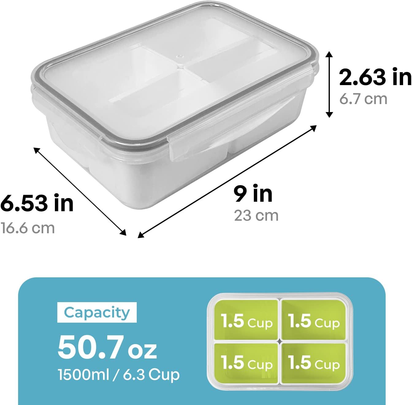 carrotez Food Storage Containers with 3 Removable Compartments, Food Prep Container with Airtight Lids, Portion Control Container, Microwave Safe, Reusable, 4.64 Cup (1100ml)