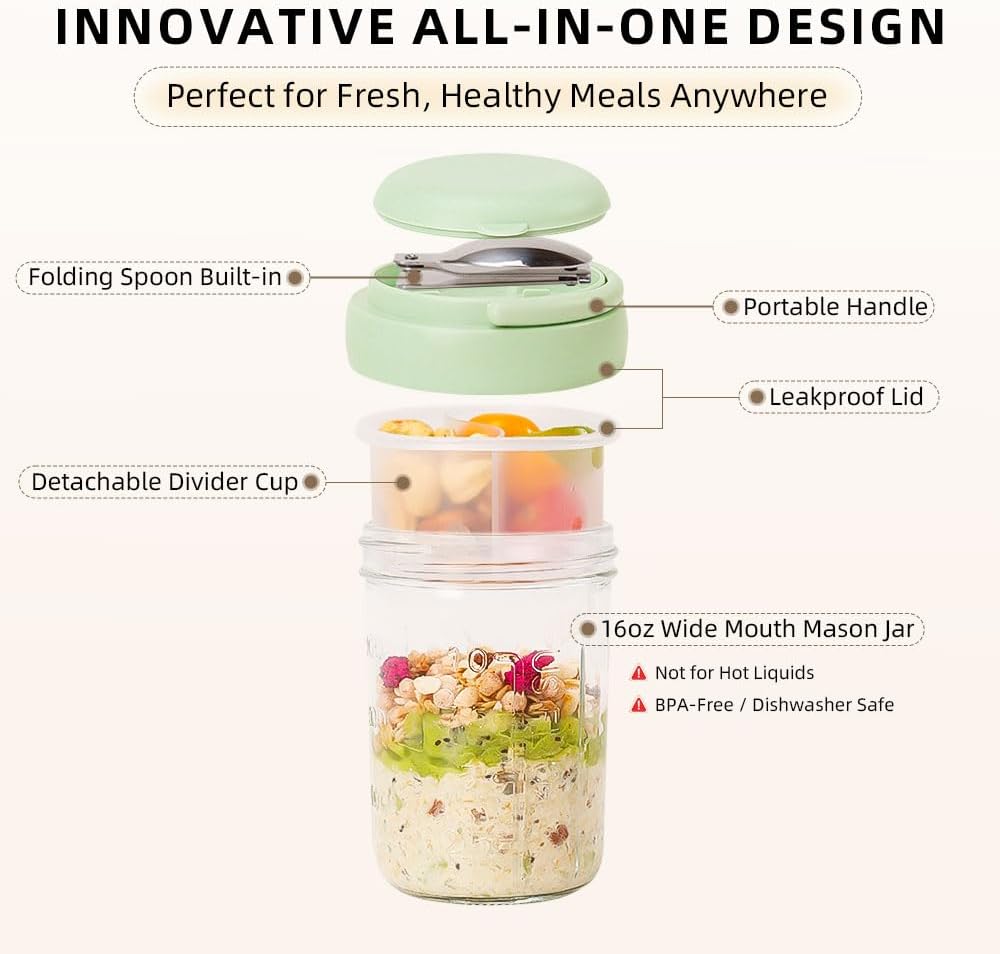 2 Pack Overnight Oats Containers with Lids and Handles, Folding Spoons & Divided Compartments for Fruit & Nuts, 16oz Mason Jars for Oatmeal Yogurt Container Chia Pudding Jars with lids (Cream 2pcs)