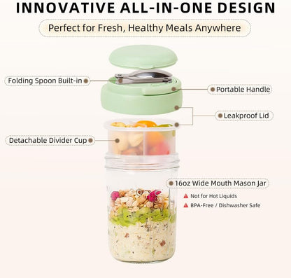 2 Pack Overnight Oats Containers with Lids and Handles, Folding Spoons & Divided Compartments for Fruit & Nuts, 16oz Mason Jars for Oatmeal Yogurt Container Chia Pudding Jars with lids (Cream 2pcs)