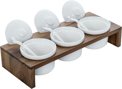 MyGift 10 Pcs Condiment Pot Serving Dish Set, Hosting Essentials, Premium Acacia Solid Wood Raised Display Server Tray and 3 Ceramic Ramekin Dip Bowls with Lids and Spoons